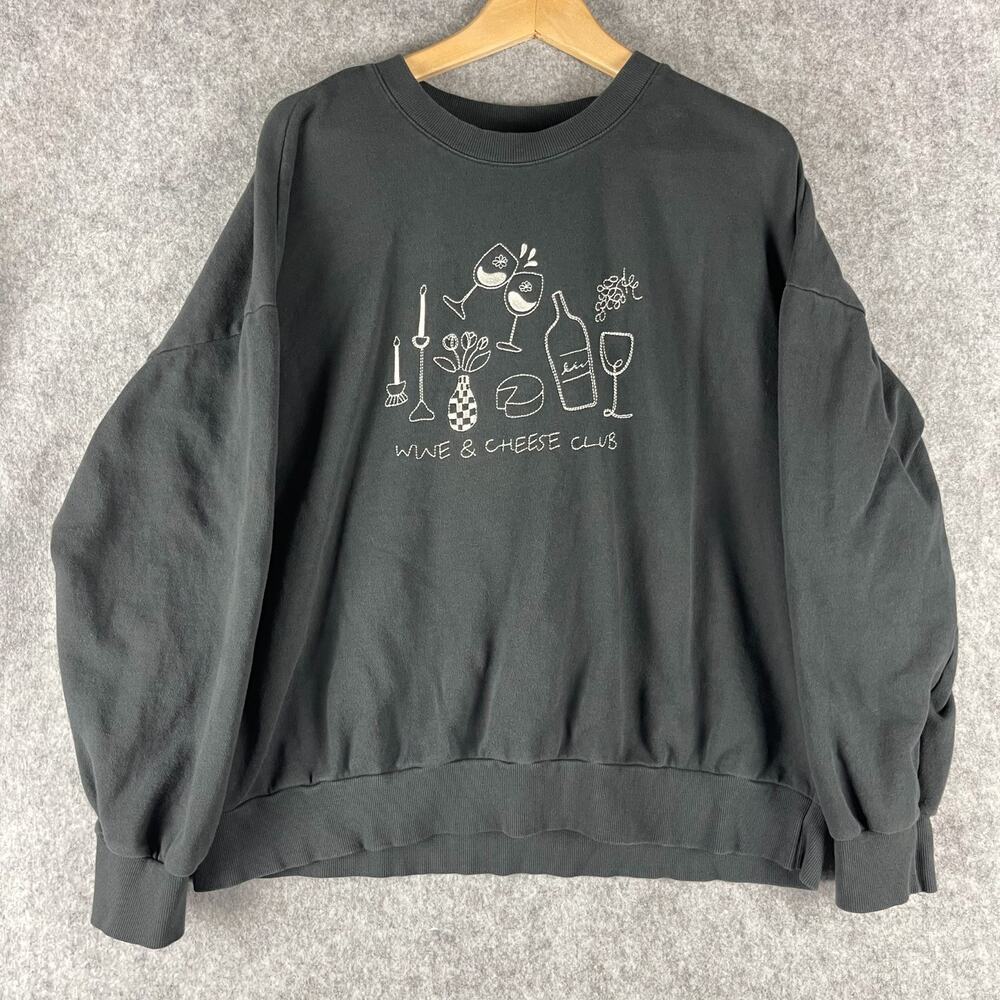 Z Supply Sweatshirt Womens Black Embroidered Wine Cheese Club Graphic Oversized